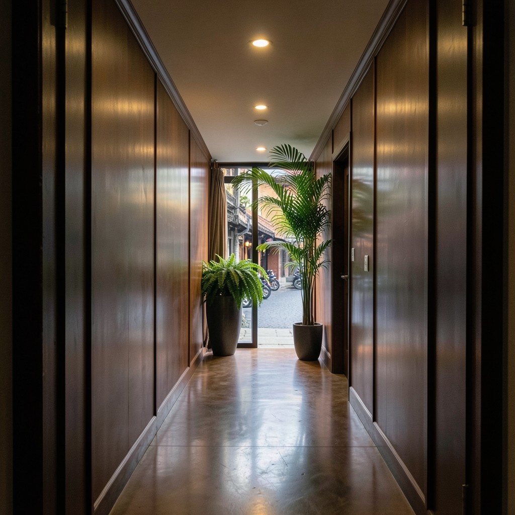 Quiet entrance corridor of a Tha Pae Road office with warm lighting
