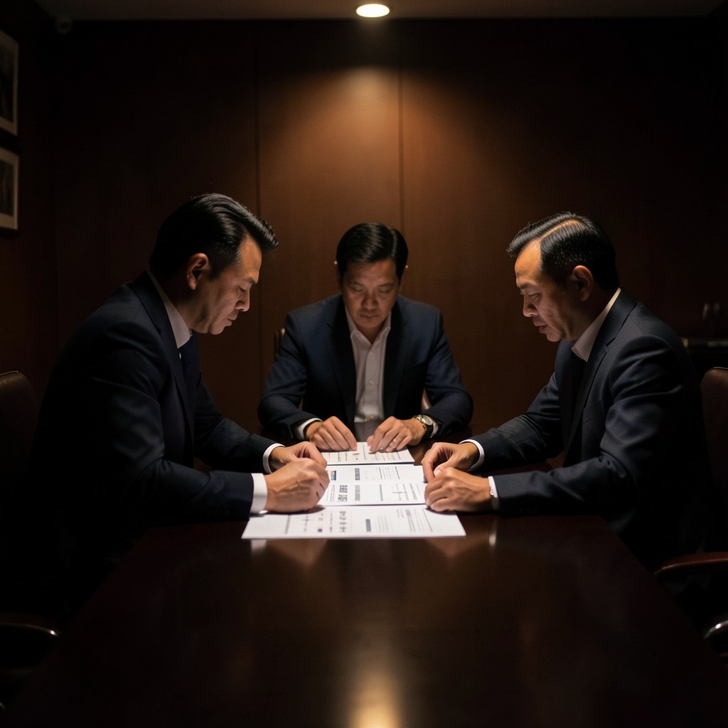 Trade managers reviewing papers during an evening briefing in a dark meeting room
