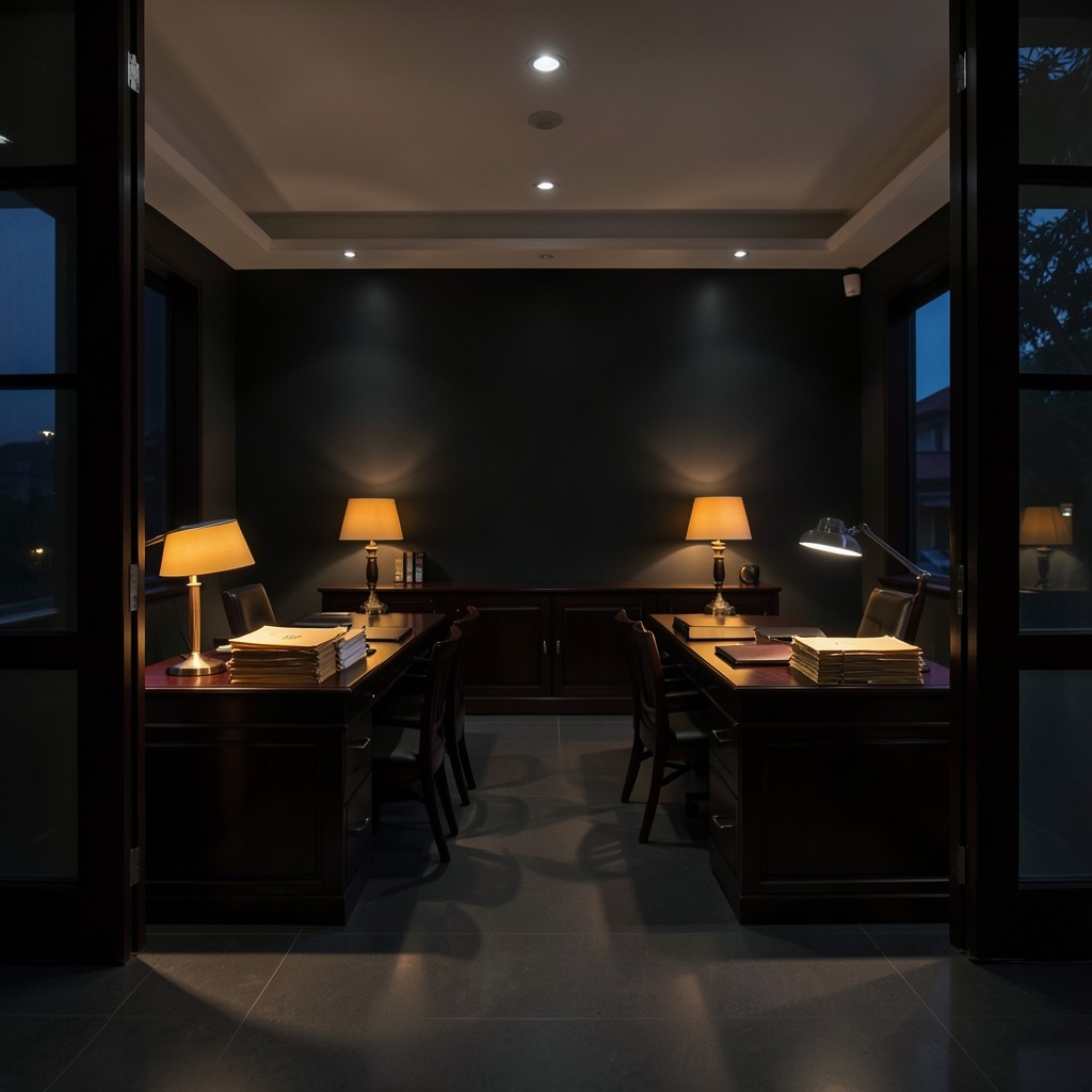 Quiet Chiang Mai trade office at dusk with warm light on dark wood desks and shipping document folders