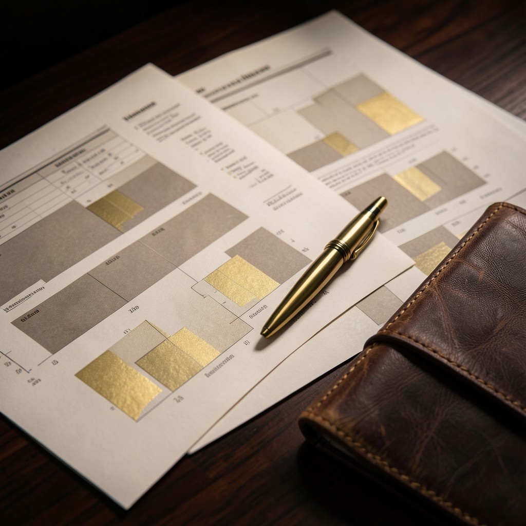 Printed trade report pages and a fountain pen on a dark walnut desk